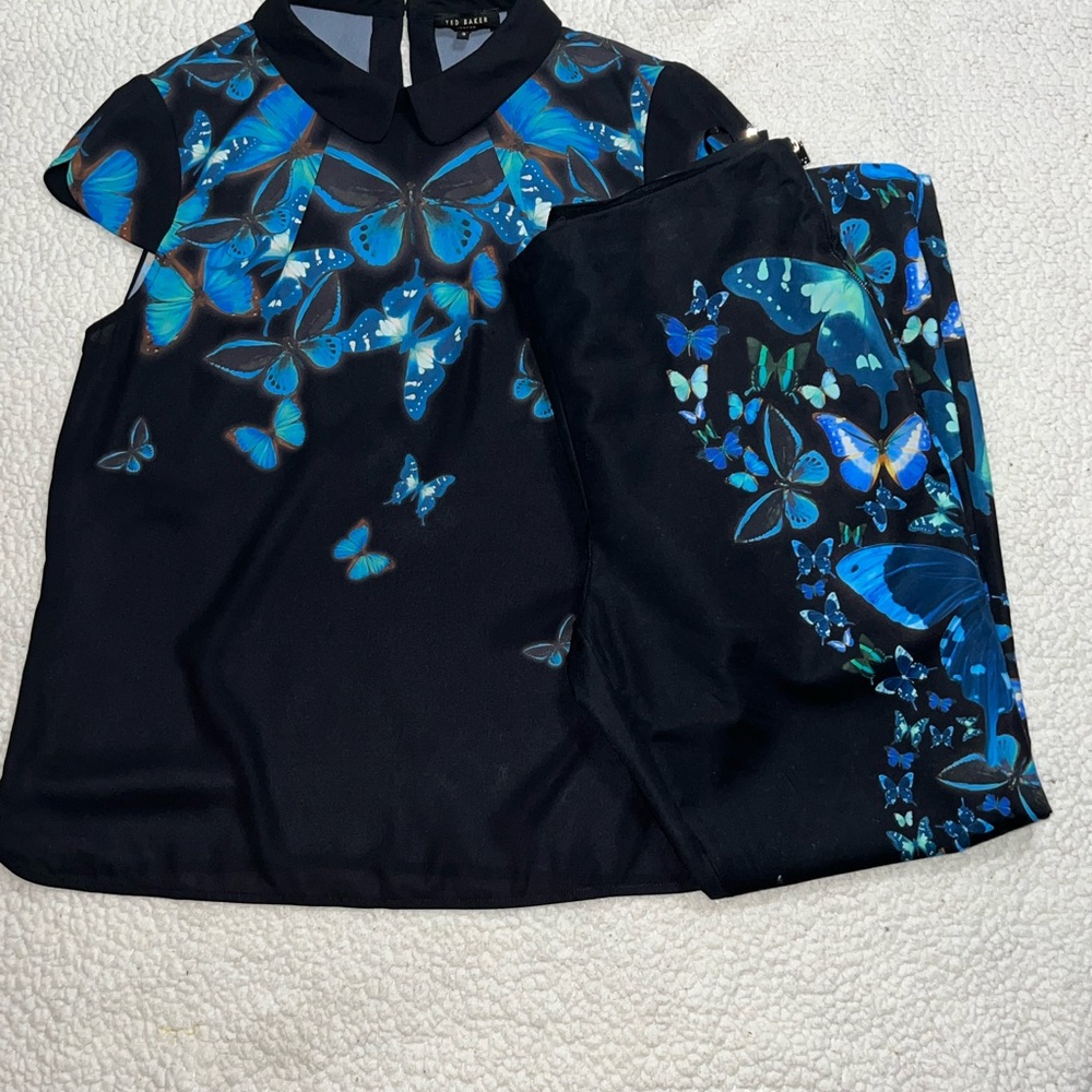 COPY - Ted Baker pants suit-Navy Blue with electric blue butterflies-